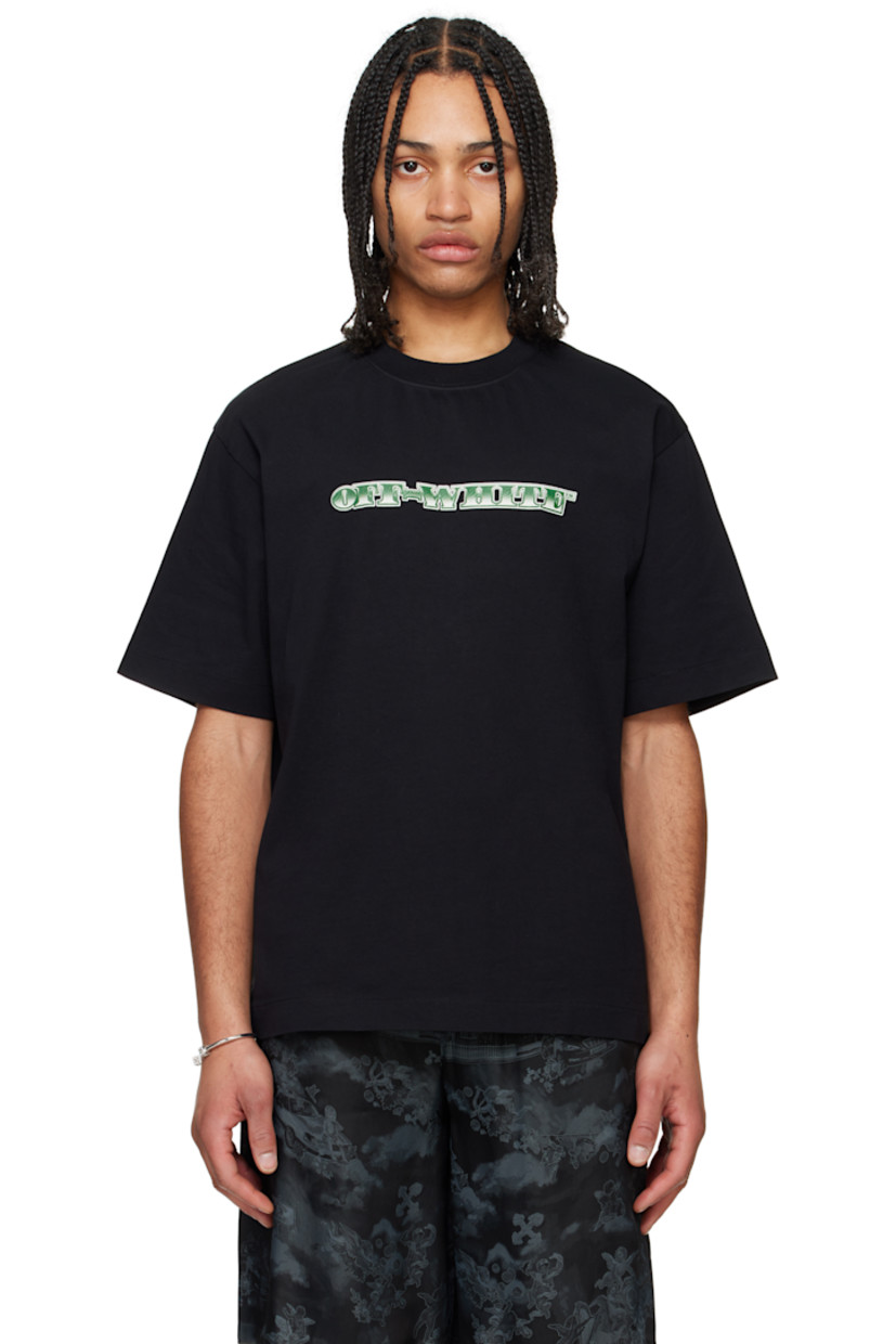 Cotton jersey T-shirt.

· Rib-knit crewneck
· Logo printed at chest
· Vented side seams
· Dropped shoulders
· Logo graphic printed at back

Supplier color: Black