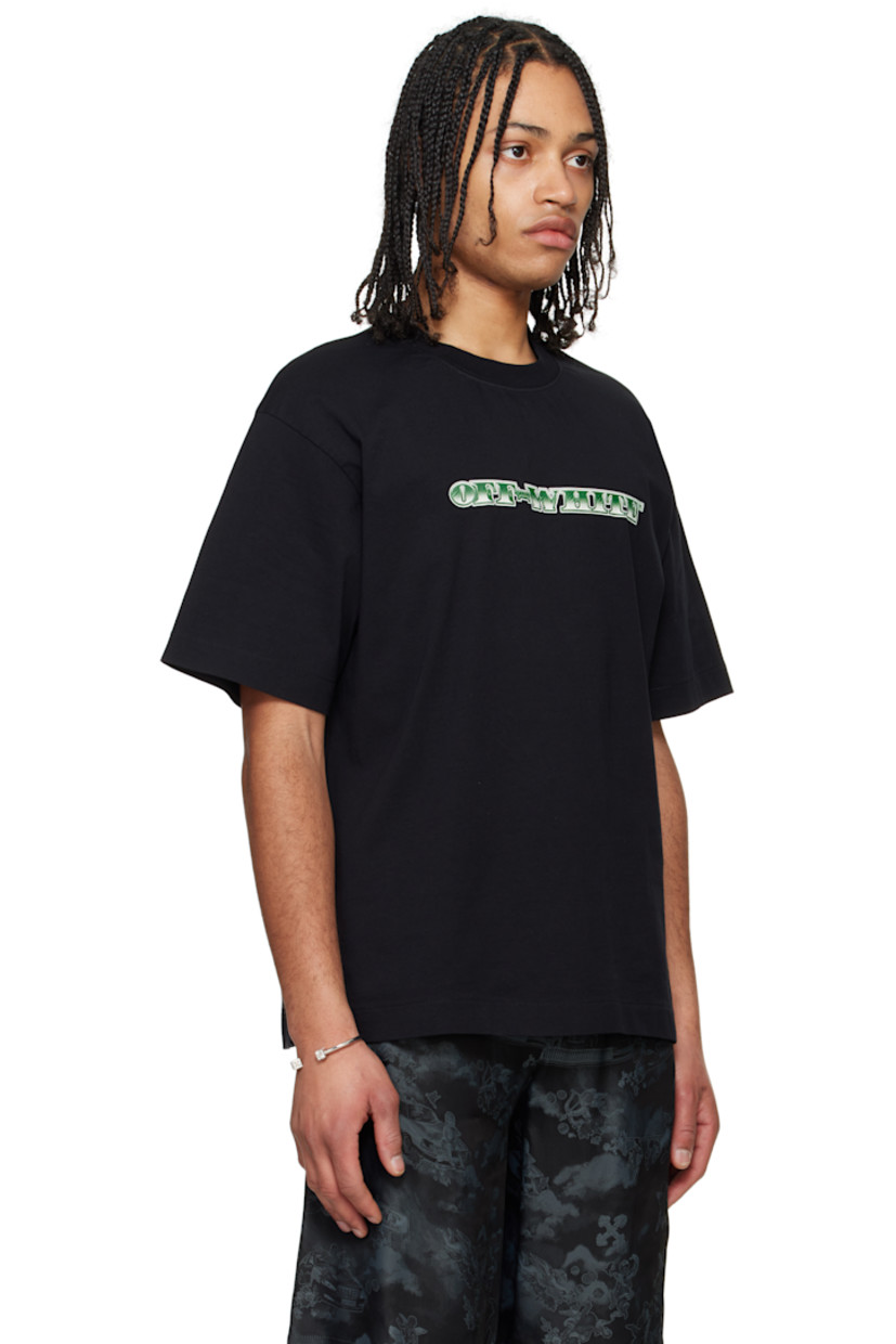 Cotton jersey T-shirt.

· Rib-knit crewneck
· Logo printed at chest
· Vented side seams
· Dropped shoulders
· Logo graphic printed at back

Supplier color: Black