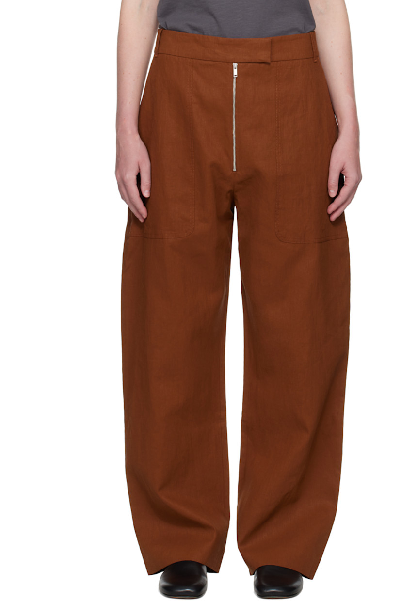 Wide-leg coated plain-woven linen trousers. 

· High-rise
· Belt loops
· Four-pocket styling
· Exposed zip fly

Supplier color: Truffle