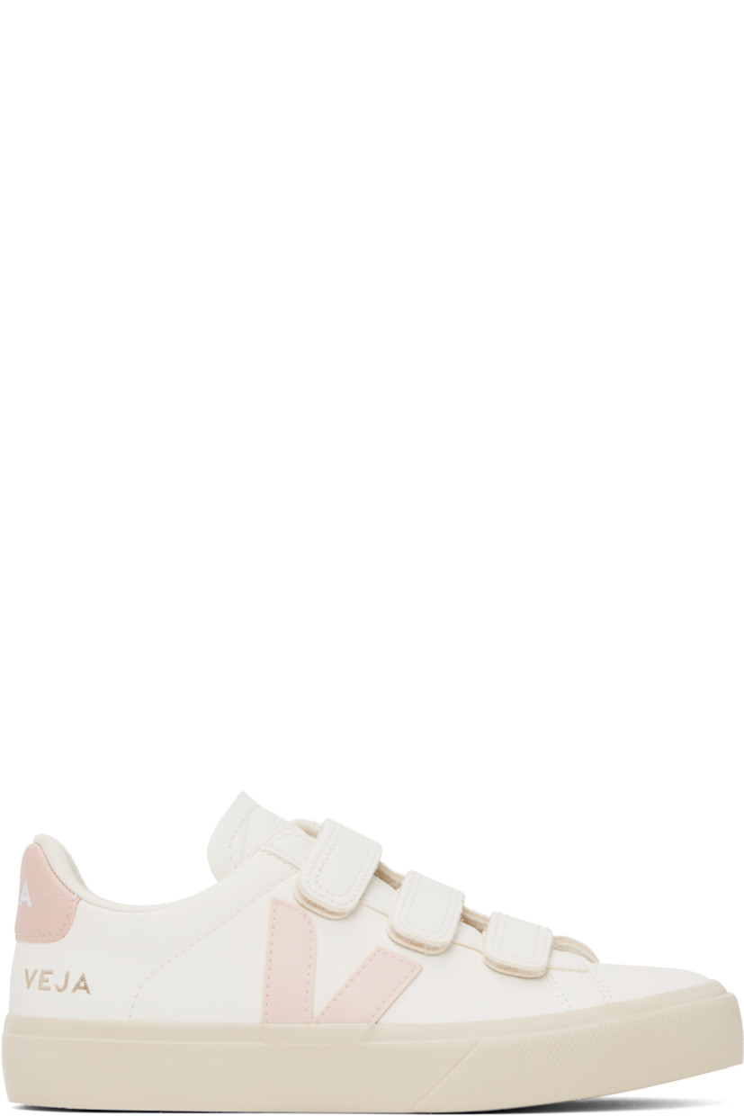 Low-top ChromeFree grained leather sneakers in white.

· Velcro straps at vamp
· Logo embossed at padded tongue
· Padded collar
· Rubberized logo appliqué at sides
· Logo stamp at outer side
· Logo printed at heel tab
· Recycled polyester jersey lining
· Treaded rubber sole

Supplier color: Extra-white/Petale