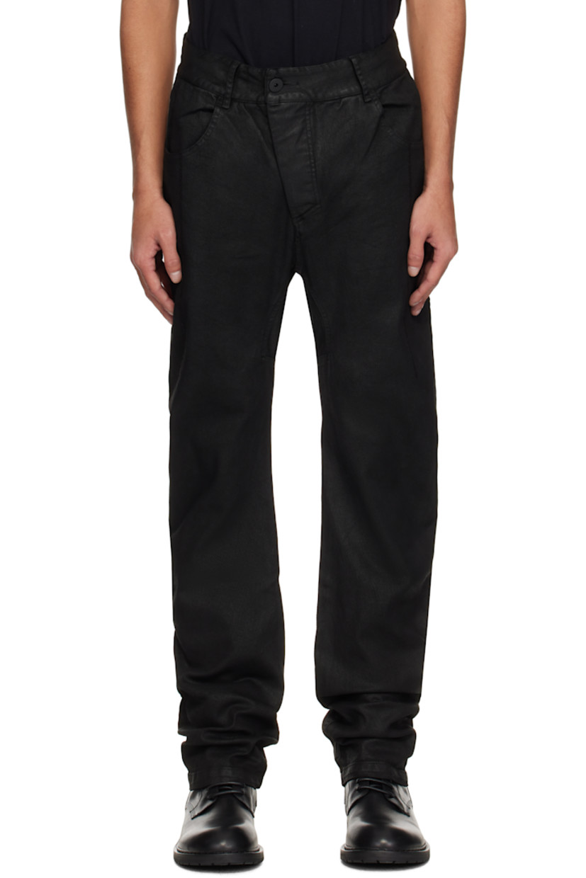 Garment-dyed and coated non-stretch denim jeans. 

· Belt loops 
· Four-pocket styling 
· Offset button-fly 
· Concealed elasticized stirrup at cuffs 
· Curved outseams 
· Gusset at inseam 
· Eyelet and extended trim at back 

Supplier color: Black coated