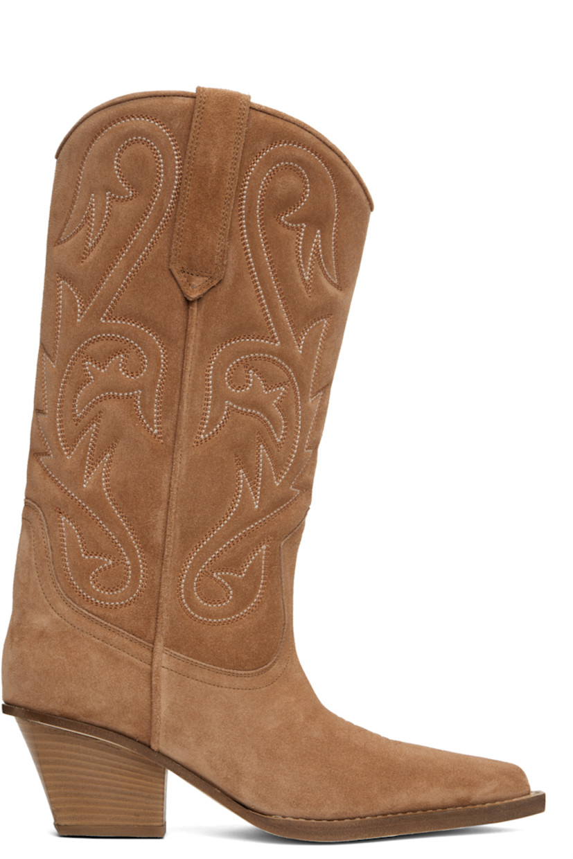 Mid-calf calfskin suede boots in tan.

· Embroidered detailing throughout
· Embroidered detailing at pointed toe
· Pull-loops at collar
· Buffed leather lining
· Topstitching at welt
· Stacked leather block heel with rubber injection
· Nubuck sole
· Heel: H2.5"

Supplier color: Terracotta