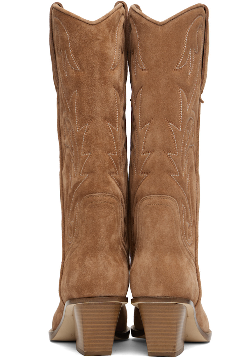 Mid-calf calfskin suede boots in tan.

· Embroidered detailing throughout
· Embroidered detailing at pointed toe
· Pull-loops at collar
· Buffed leather lining
· Topstitching at welt
· Stacked leather block heel with rubber injection
· Nubuck sole
· Heel: H2.5"

Supplier color: Terracotta