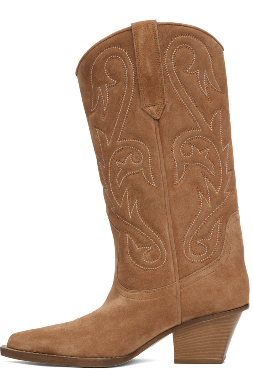 Mid-calf calfskin suede boots in tan.

· Embroidered detailing throughout
· Embroidered detailing at pointed toe
· Pull-loops at collar
· Buffed leather lining
· Topstitching at welt
· Stacked leather block heel with rubber injection
· Nubuck sole
· Heel: H2.5"

Supplier color: Terracotta