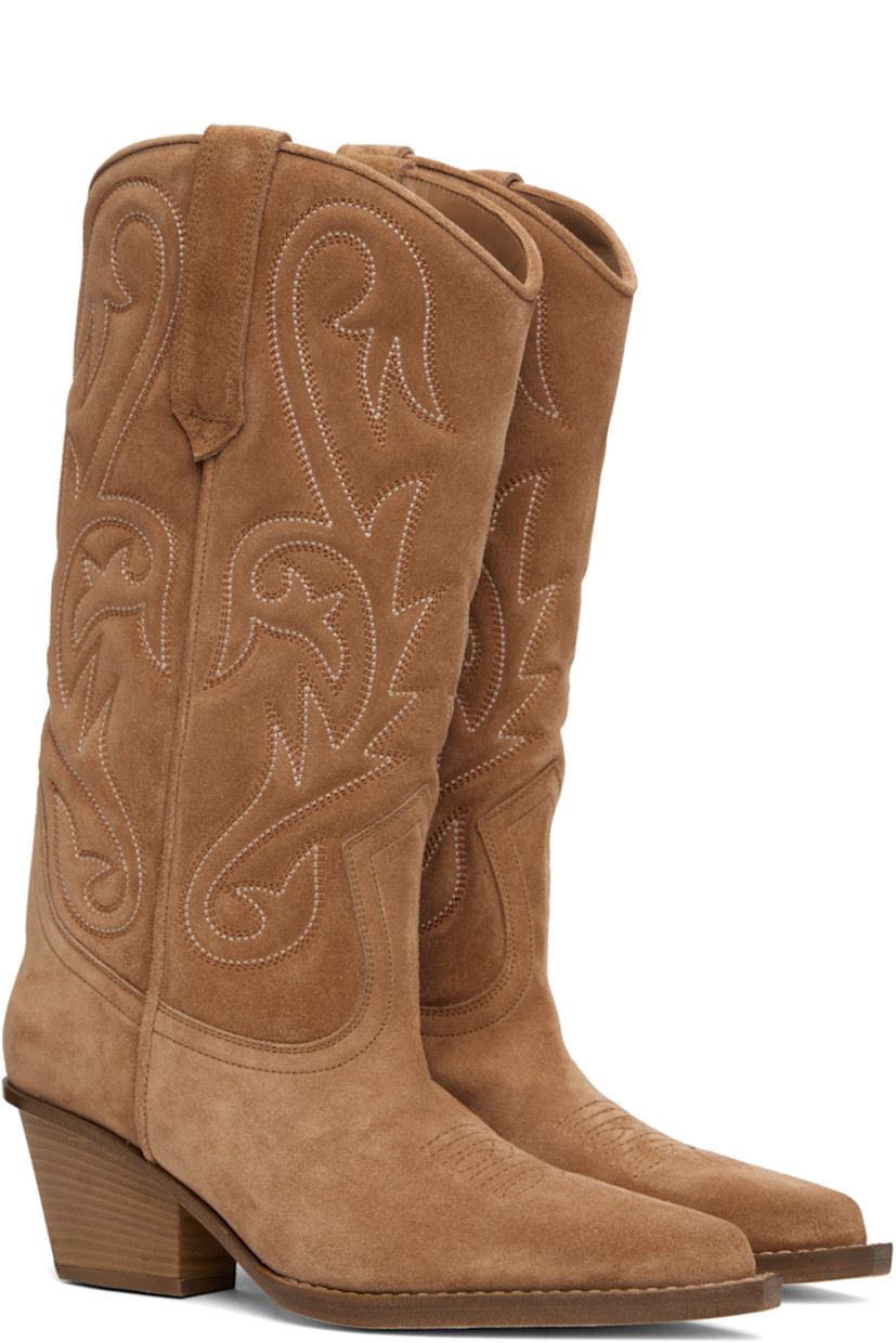 Mid-calf calfskin suede boots in tan.

· Embroidered detailing throughout
· Embroidered detailing at pointed toe
· Pull-loops at collar
· Buffed leather lining
· Topstitching at welt
· Stacked leather block heel with rubber injection
· Nubuck sole
· Heel: H2.5"

Supplier color: Terracotta