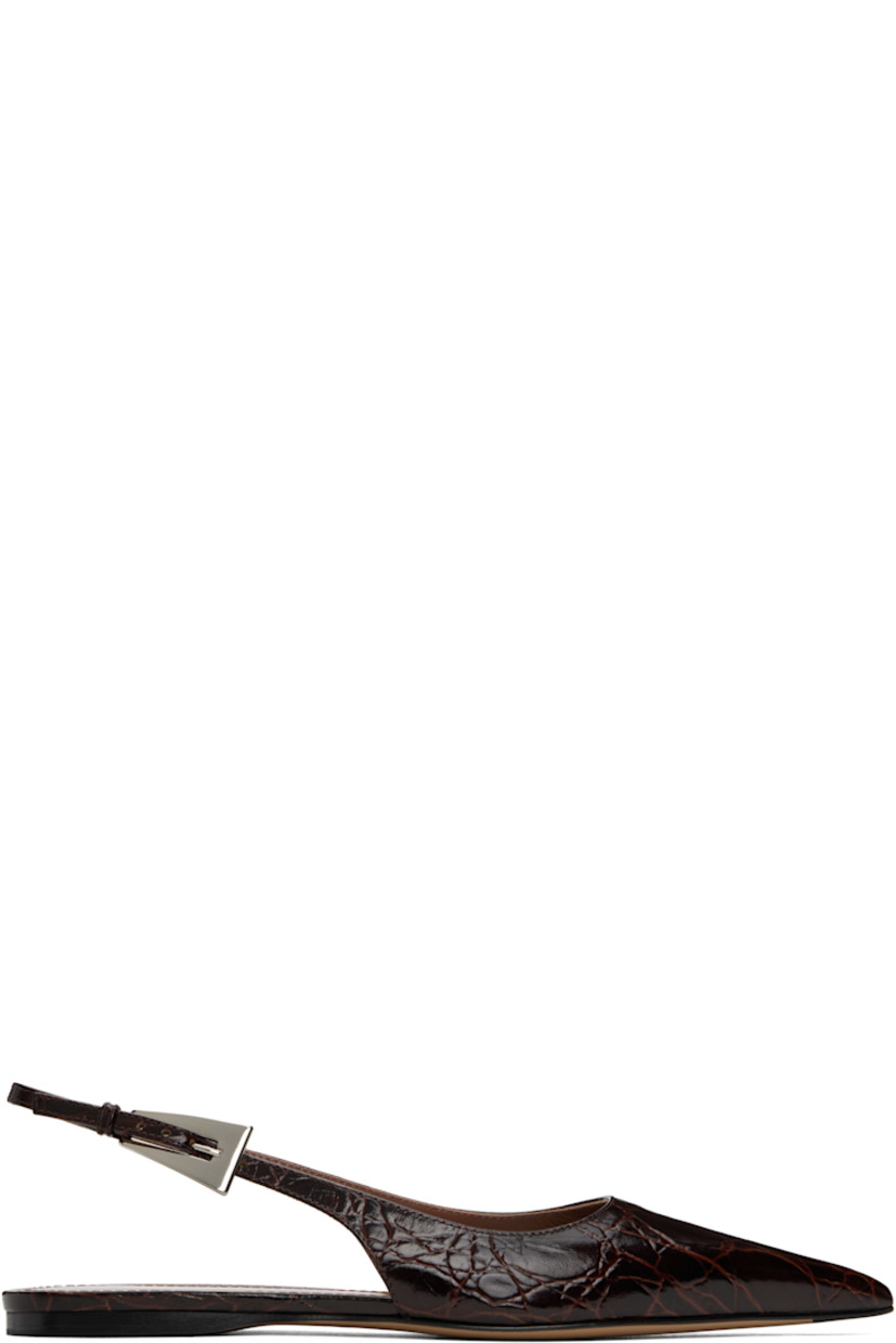 Polished croc-embossed leather ballerina flats in burgundy. 

· Pointed toe
· Adjustable pin-buckle slingback strap
· Logo stamp at padded leather footbed
· Grained leather lining
· Leather sole with rubber injection

Supplier color: Rouge noir