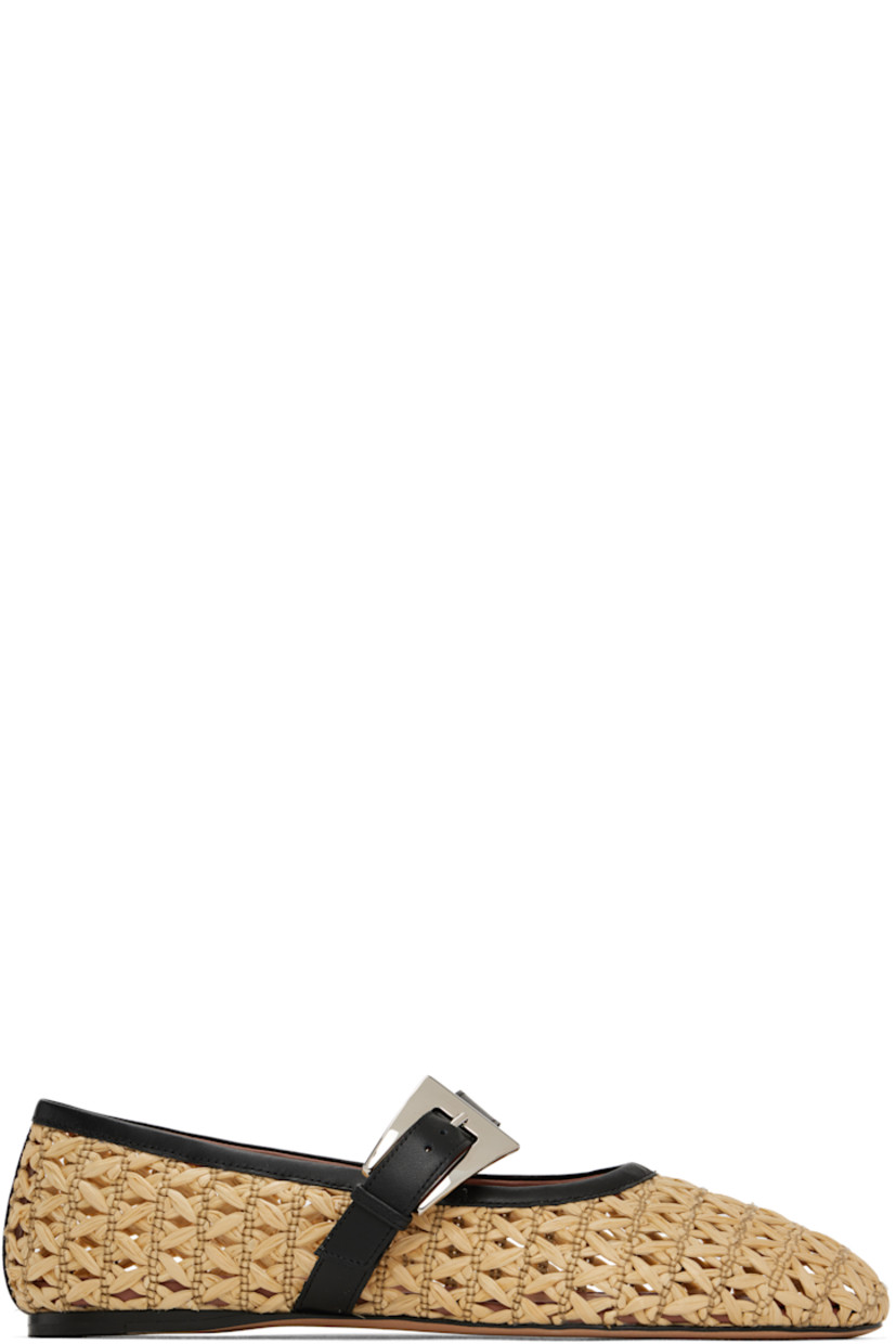Woven raffia Mary Jane-style ballerina flats in beige.

· Buffed leather trim throughout
· Pin-buckle strap at vamp
· Logo stamp at leather footbed
· Nubuck sole with rubber injection

Supplier color: Naturale/Black