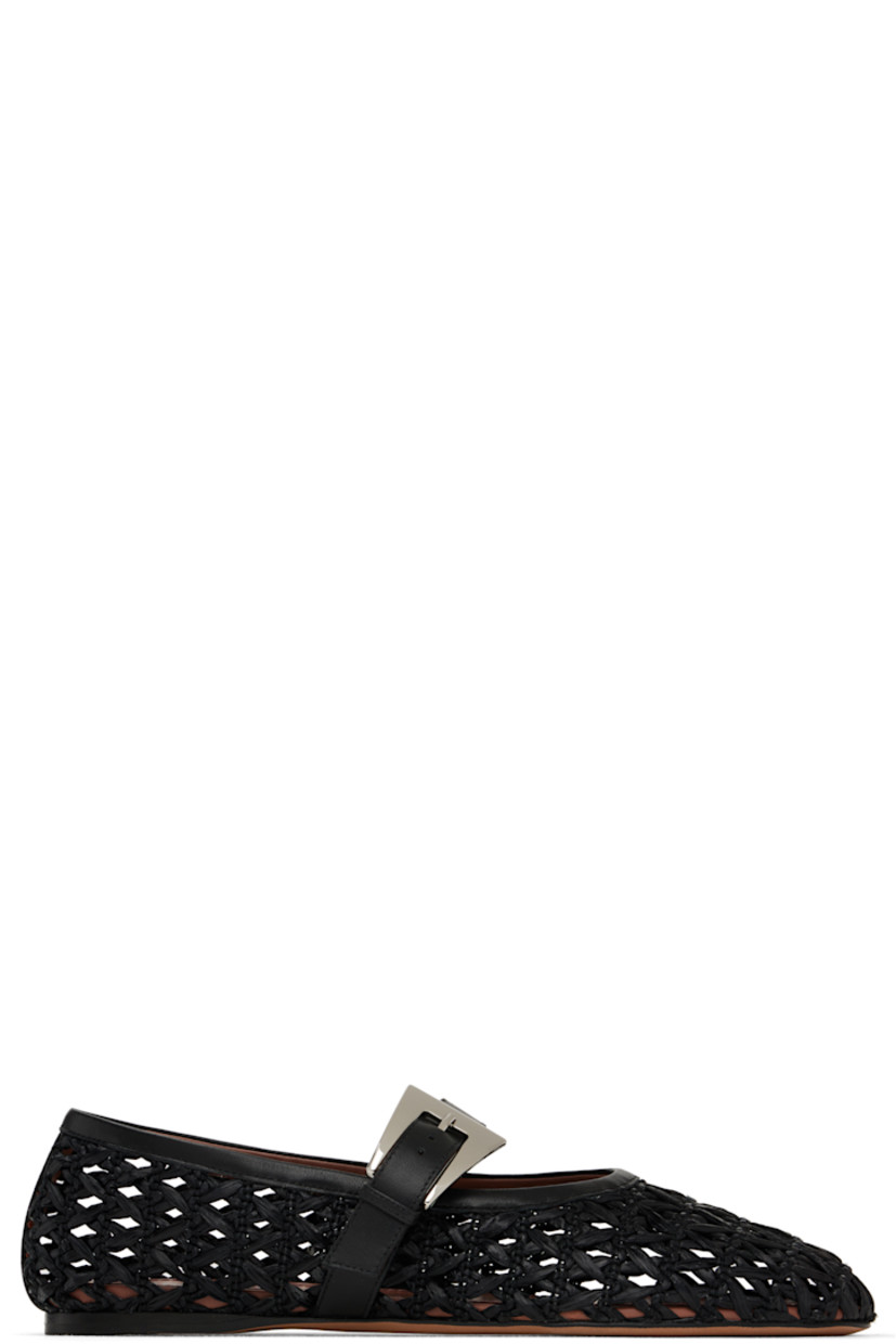 Woven raffia Mary Jane-style ballerina flats in black.

· Buffed leather trim throughout
· Pin-buckle strap at vamp
· Logo stamp at leather footbed
· Nubuck sole with rubber injection

Supplier color: Black/Black