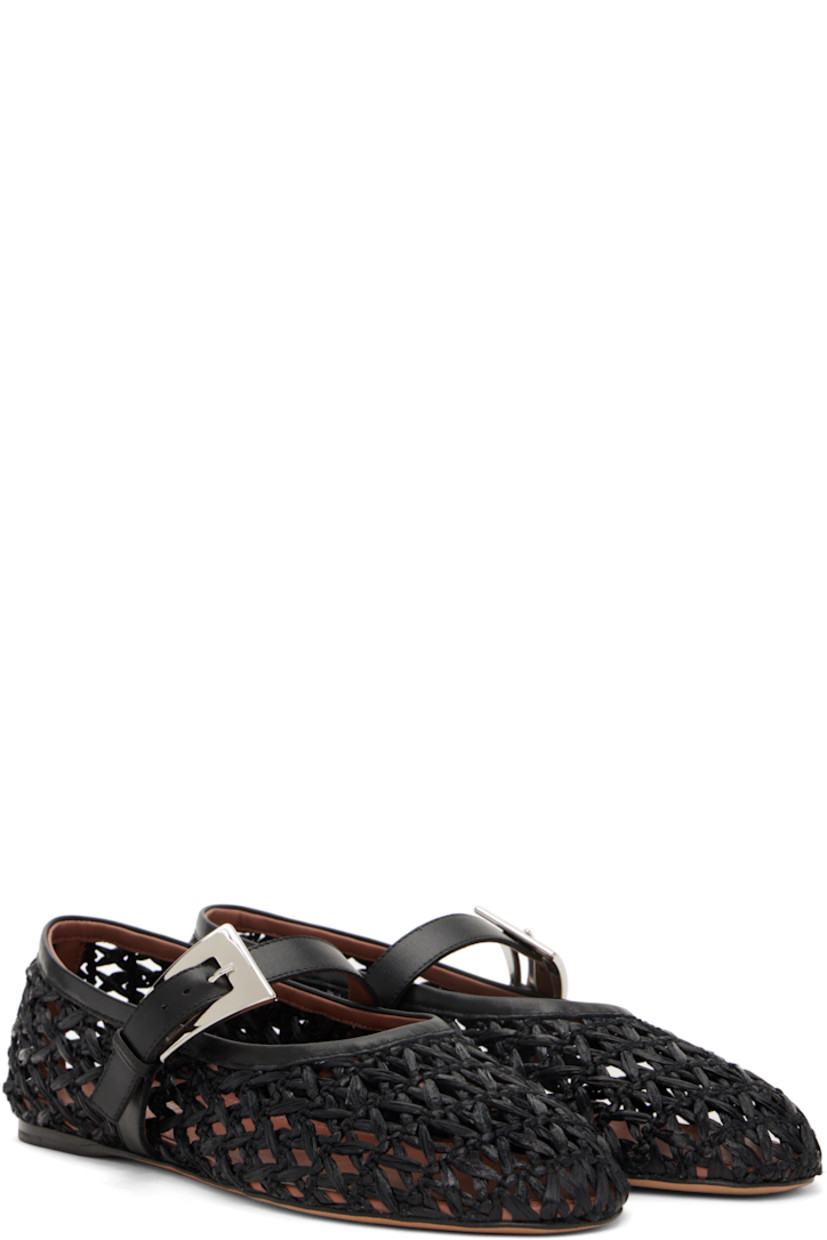 Woven raffia Mary Jane-style ballerina flats in black.

· Buffed leather trim throughout
· Pin-buckle strap at vamp
· Logo stamp at leather footbed
· Nubuck sole with rubber injection

Supplier color: Black/Black