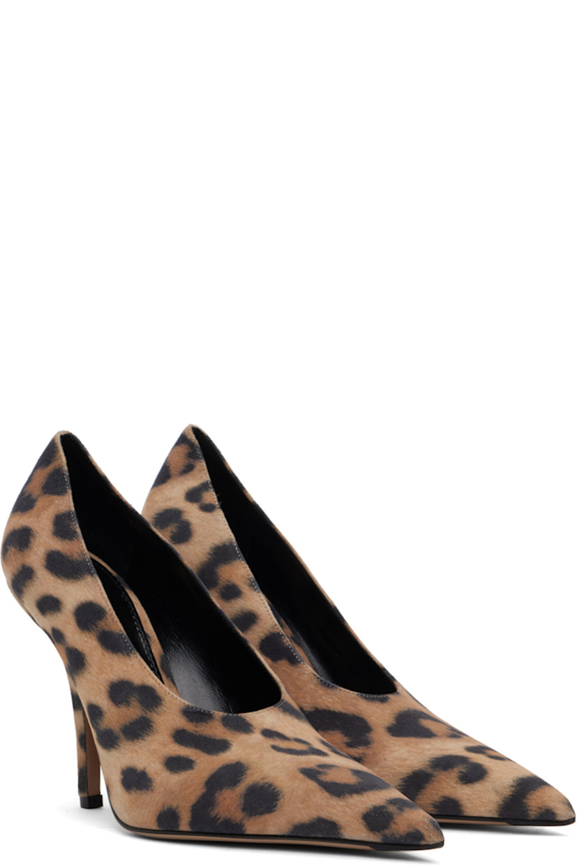 Suede heels in tan and black.

· Leopard pattern throughout
· Pointed toe
· Grained leather lining
· Covered stiletto heel with rubber injection
· Polished leather sole
· Heel: H4"

Supplier color: Leopard