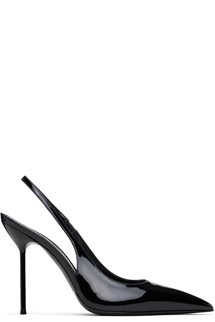 Patent leather heels in black.

· Pointed toe
· Partially elasticized slingback strap
· Logo stamp at padded footbed
· Buffed leather lining
· Lacquered stiletto heel with rubber injection
· Leather sole
· Heel: H4"

Supplier color: Black