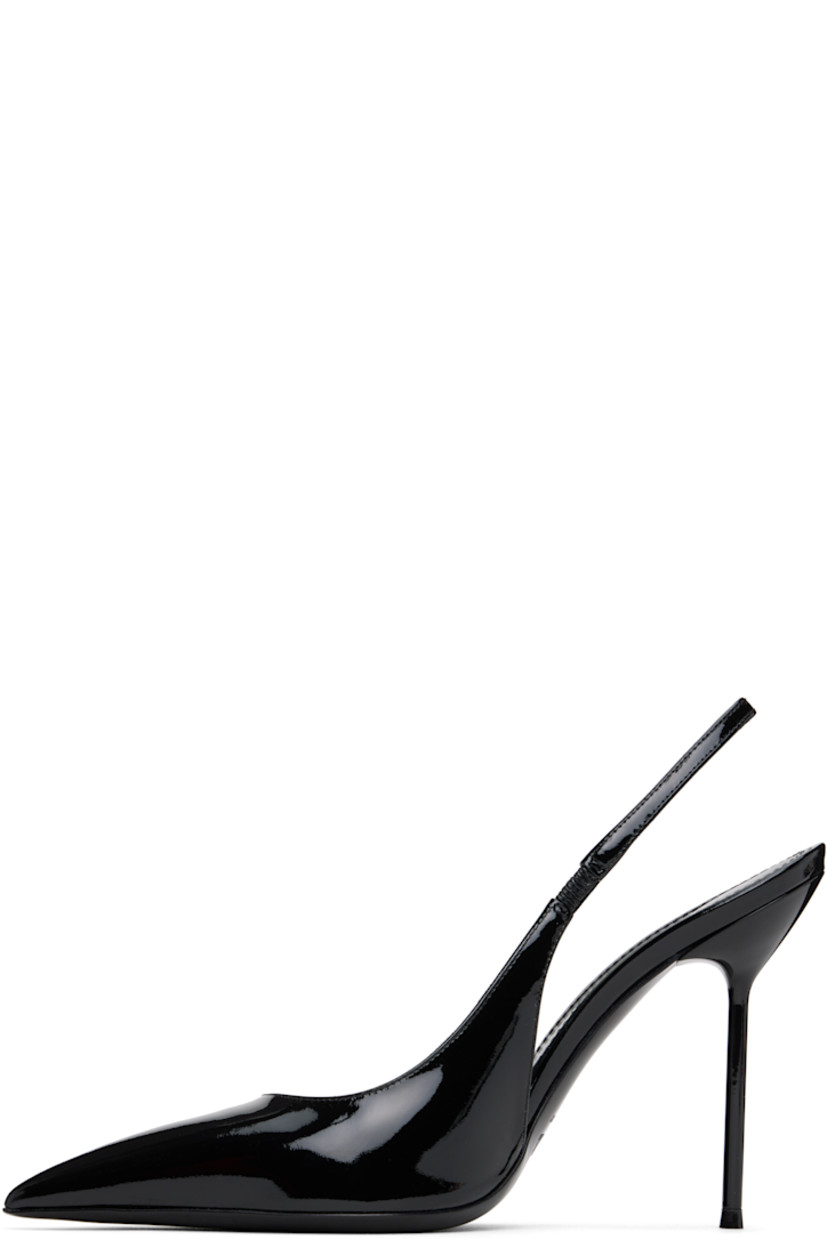 Patent leather heels in black.

· Pointed toe
· Partially elasticized slingback strap
· Logo stamp at padded footbed
· Buffed leather lining
· Lacquered stiletto heel with rubber injection
· Leather sole
· Heel: H4"

Supplier color: Black