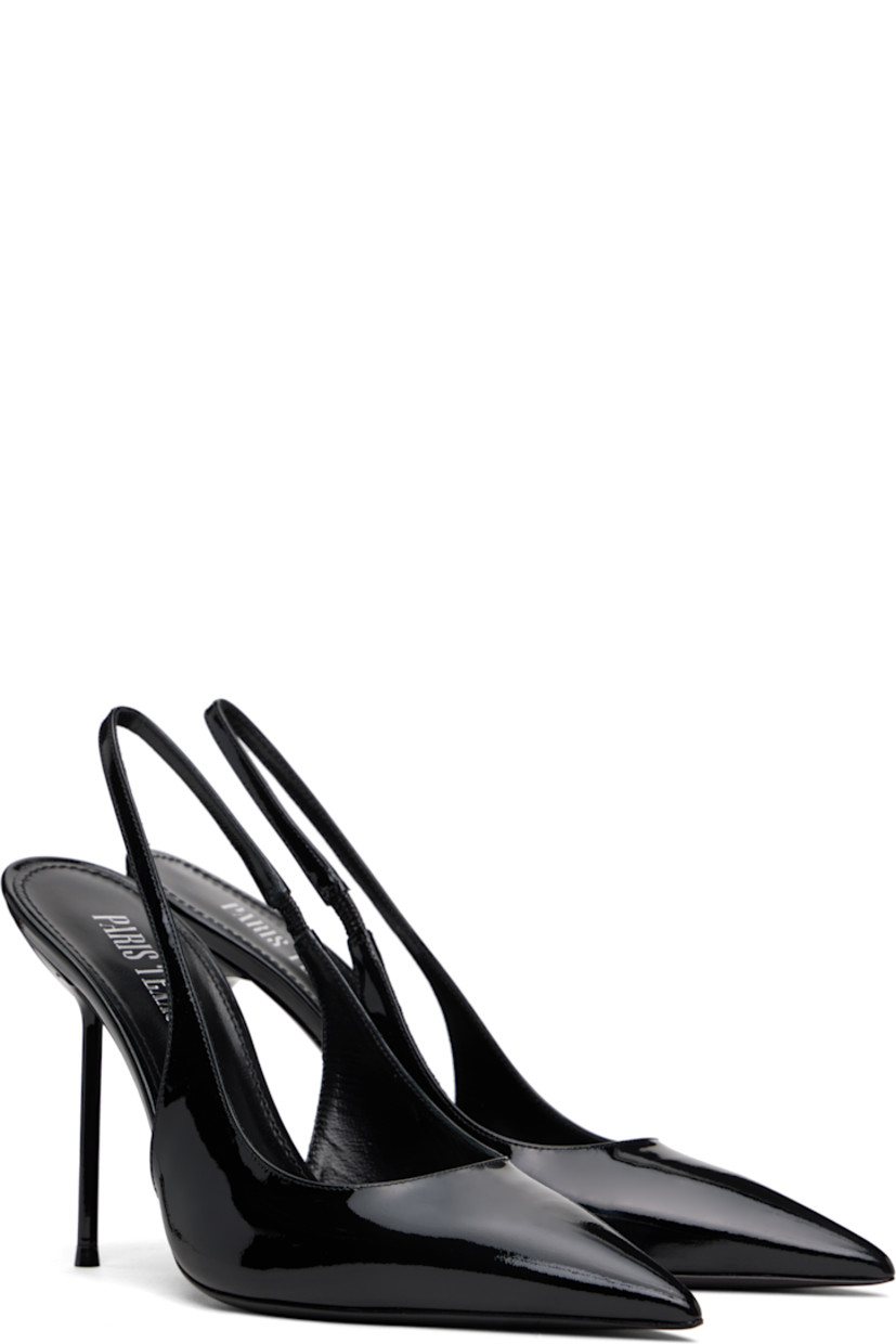 Patent leather heels in black.

· Pointed toe
· Partially elasticized slingback strap
· Logo stamp at padded footbed
· Buffed leather lining
· Lacquered stiletto heel with rubber injection
· Leather sole
· Heel: H4"

Supplier color: Black