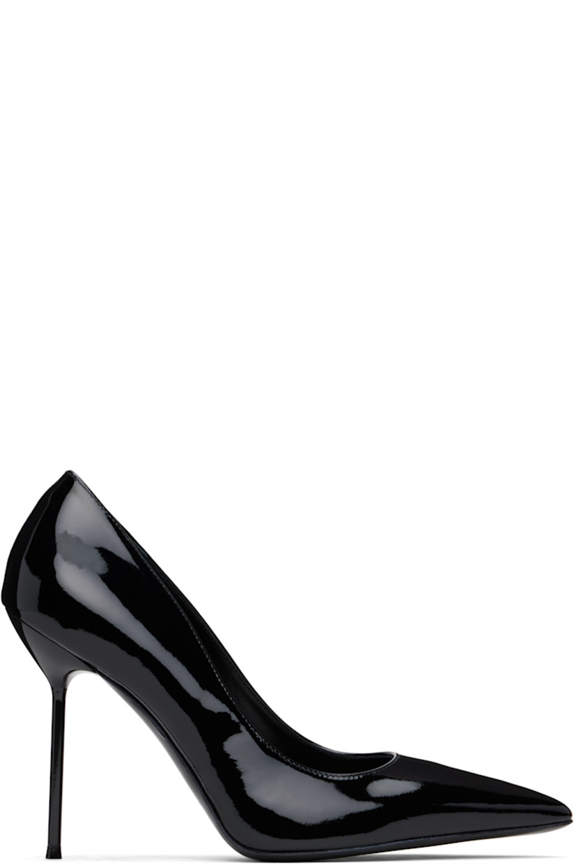 Patent leather heels in black.

· Pointed toe
· Logo stamp at padded footbed
· Buffed leather lining
· Lacquered stiletto heel with rubber injection
· Leather sole
· Heel: H4"

Supplier color: Black