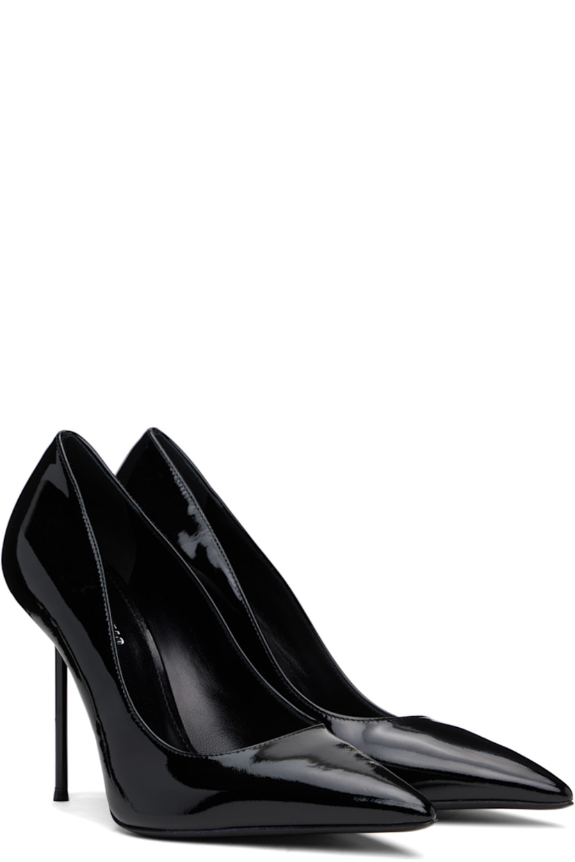 Patent leather heels in black.

· Pointed toe
· Logo stamp at padded footbed
· Buffed leather lining
· Lacquered stiletto heel with rubber injection
· Leather sole
· Heel: H4"

Supplier color: Black