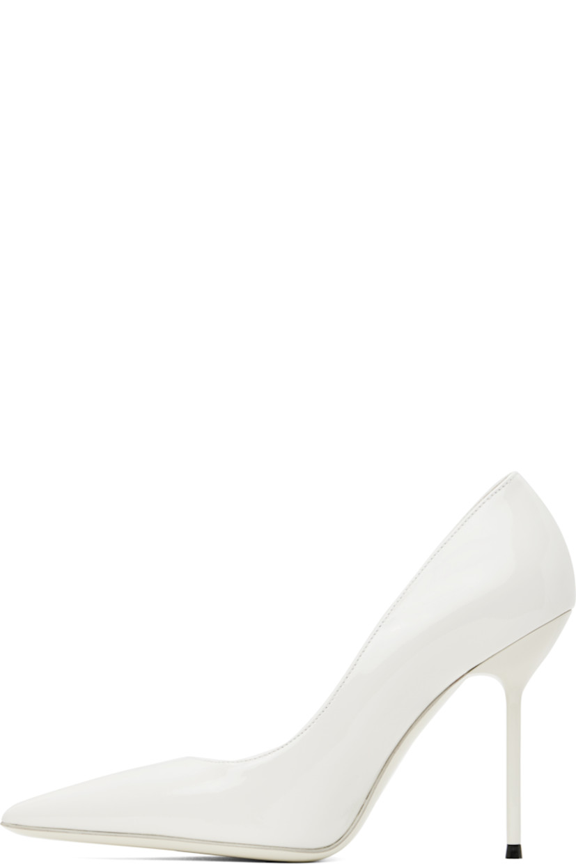 Patent leather heels in white.

· Pointed toe
· Logo stamp at padded footbed
· Buffed leather lining
· Lacquered stiletto heel with rubber injection
· Leather sole
· Heel: H4"

Supplier color: White