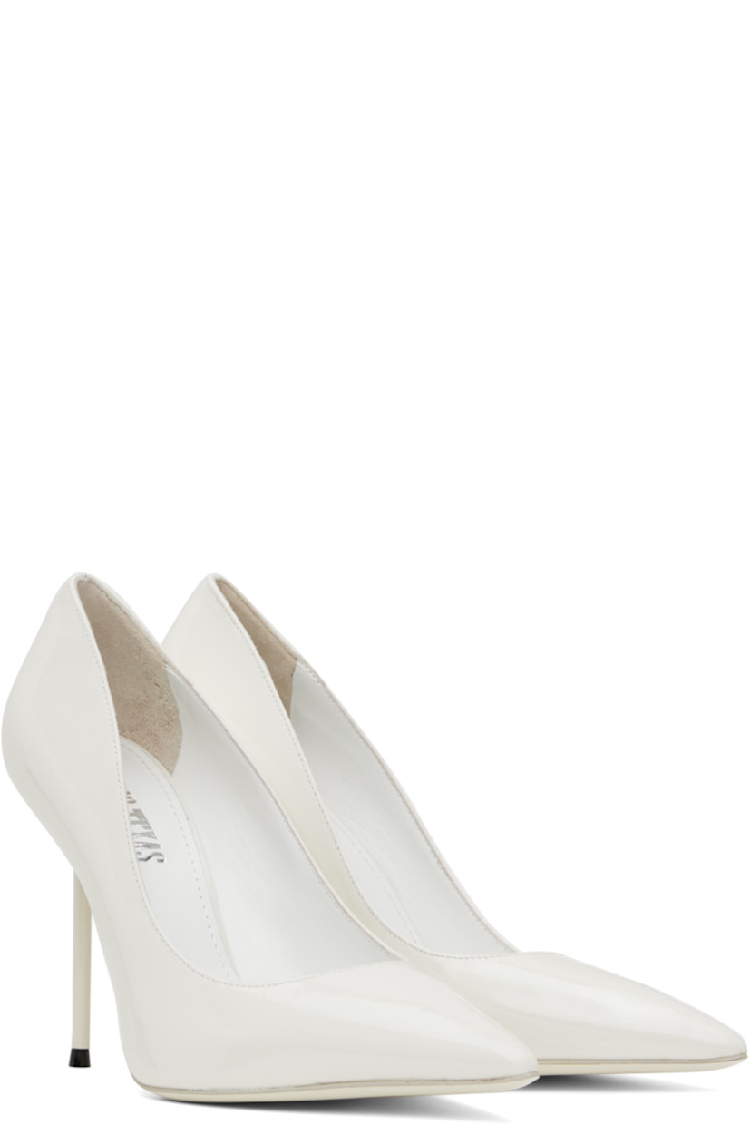 Patent leather heels in white.

· Pointed toe
· Logo stamp at padded footbed
· Buffed leather lining
· Lacquered stiletto heel with rubber injection
· Leather sole
· Heel: H4"

Supplier color: White