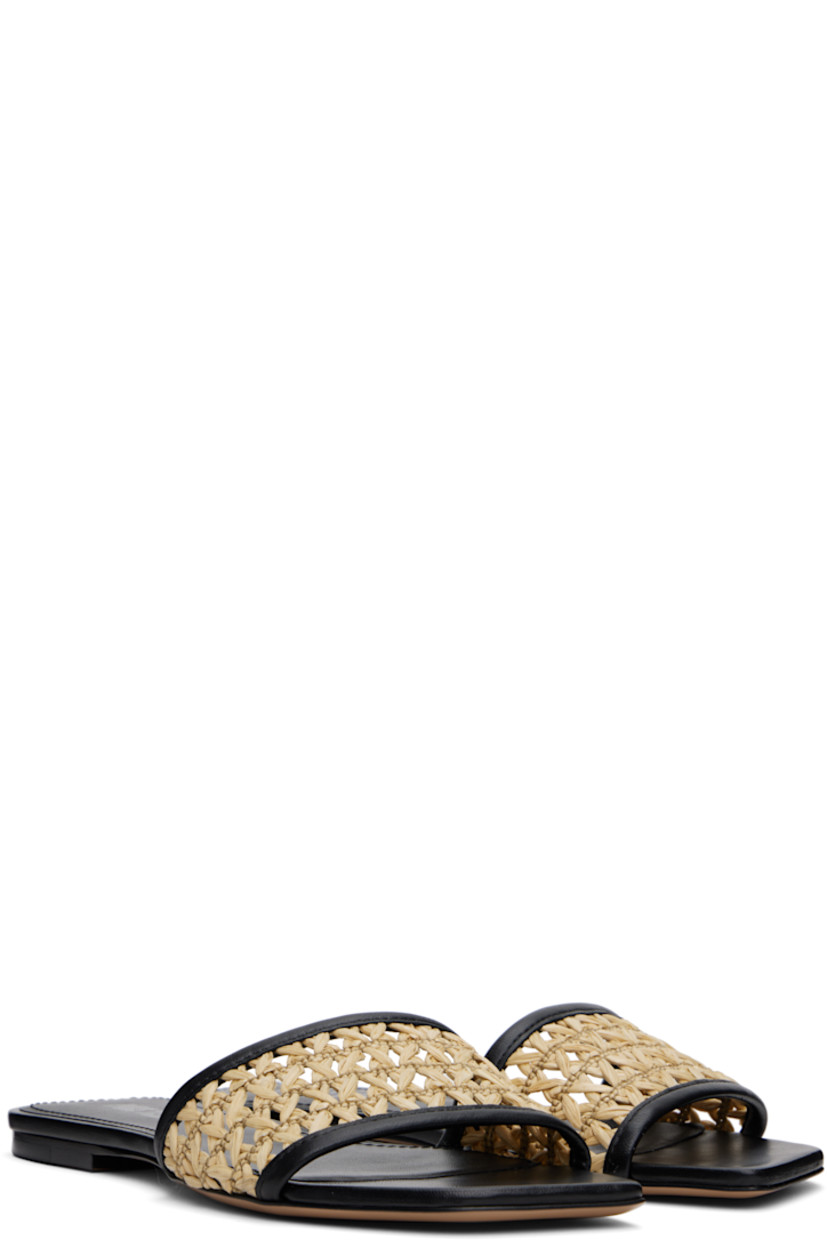 Woven raffia and buffed calfskin flat sandals in beige and black.

· Open square toe
· Stacked heel with rubber injection
· Polished leather sole

Supplier color: Natural/Black