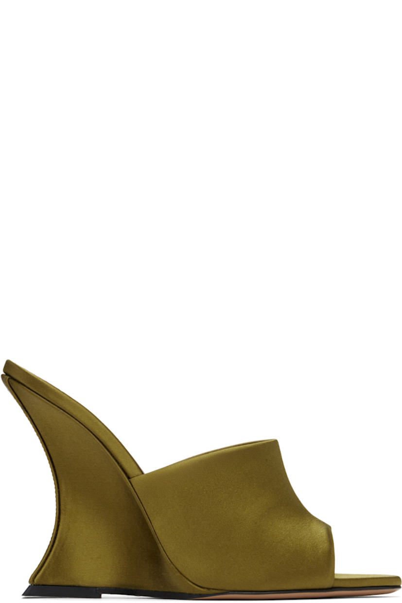 Satin heeled sandals in khaki.

· Grained leather lining
· Logo stamp at leather footbed
· Covered wedge heel with rubber injection
· Leather sole
· Heel: H4"

Supplier color: Oil