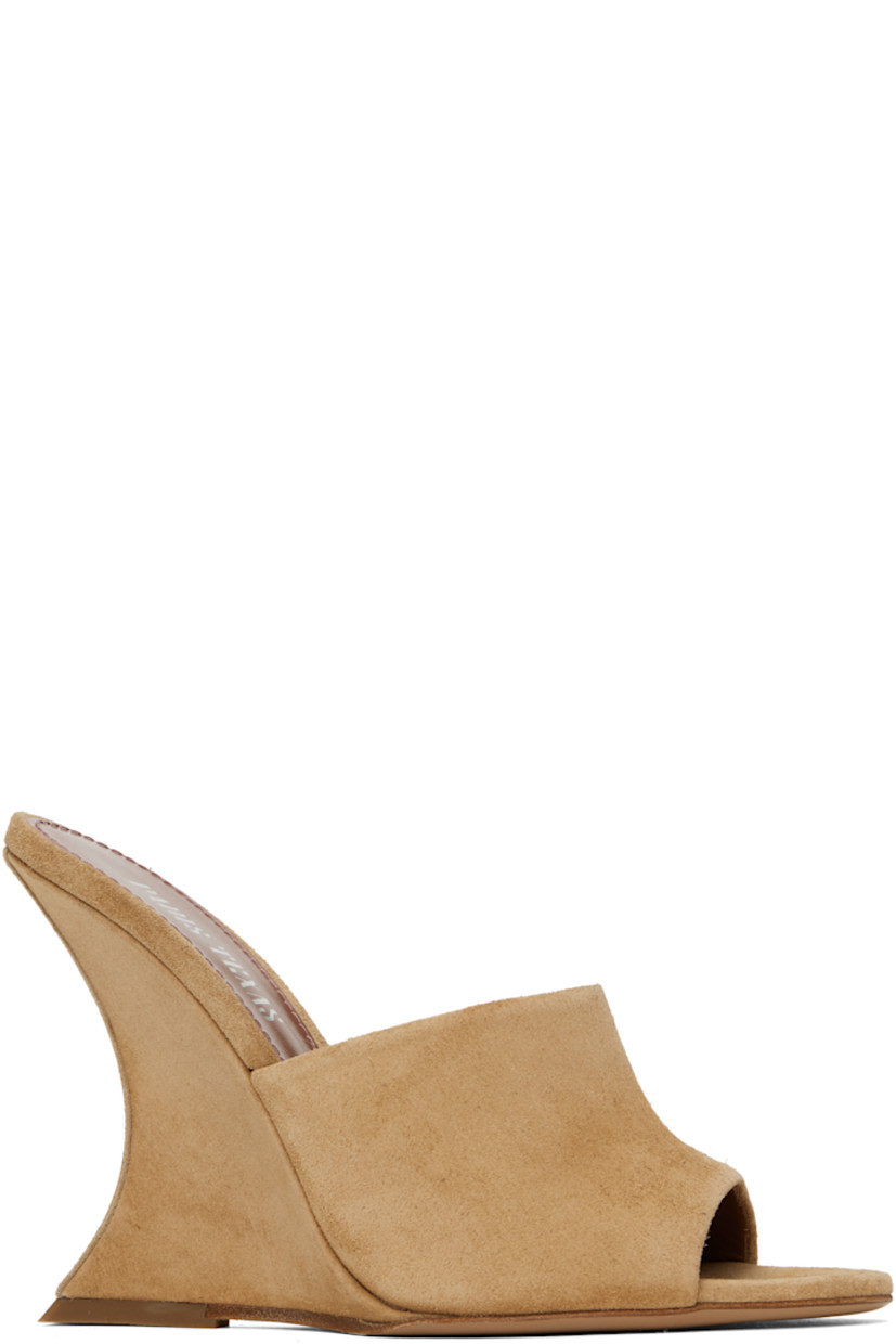 Calfskin suede mules in tan. 

· Open toe
· Logo stamp at leather footbed
· Covered wedge heel with rubber injection
· Leather sole
· Heel: H4"

Supplier color: Whisky