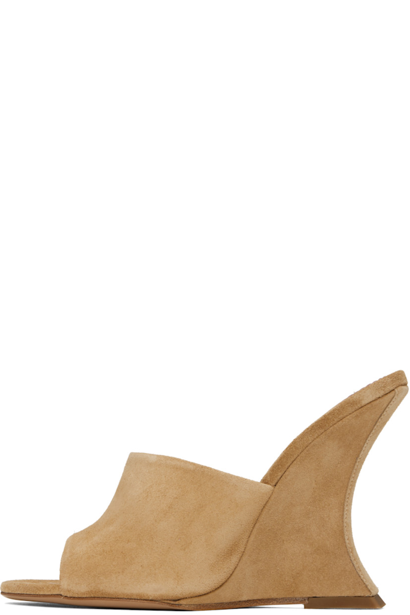 Calfskin suede mules in tan. 

· Open toe
· Logo stamp at leather footbed
· Covered wedge heel with rubber injection
· Leather sole
· Heel: H4"

Supplier color: Whisky