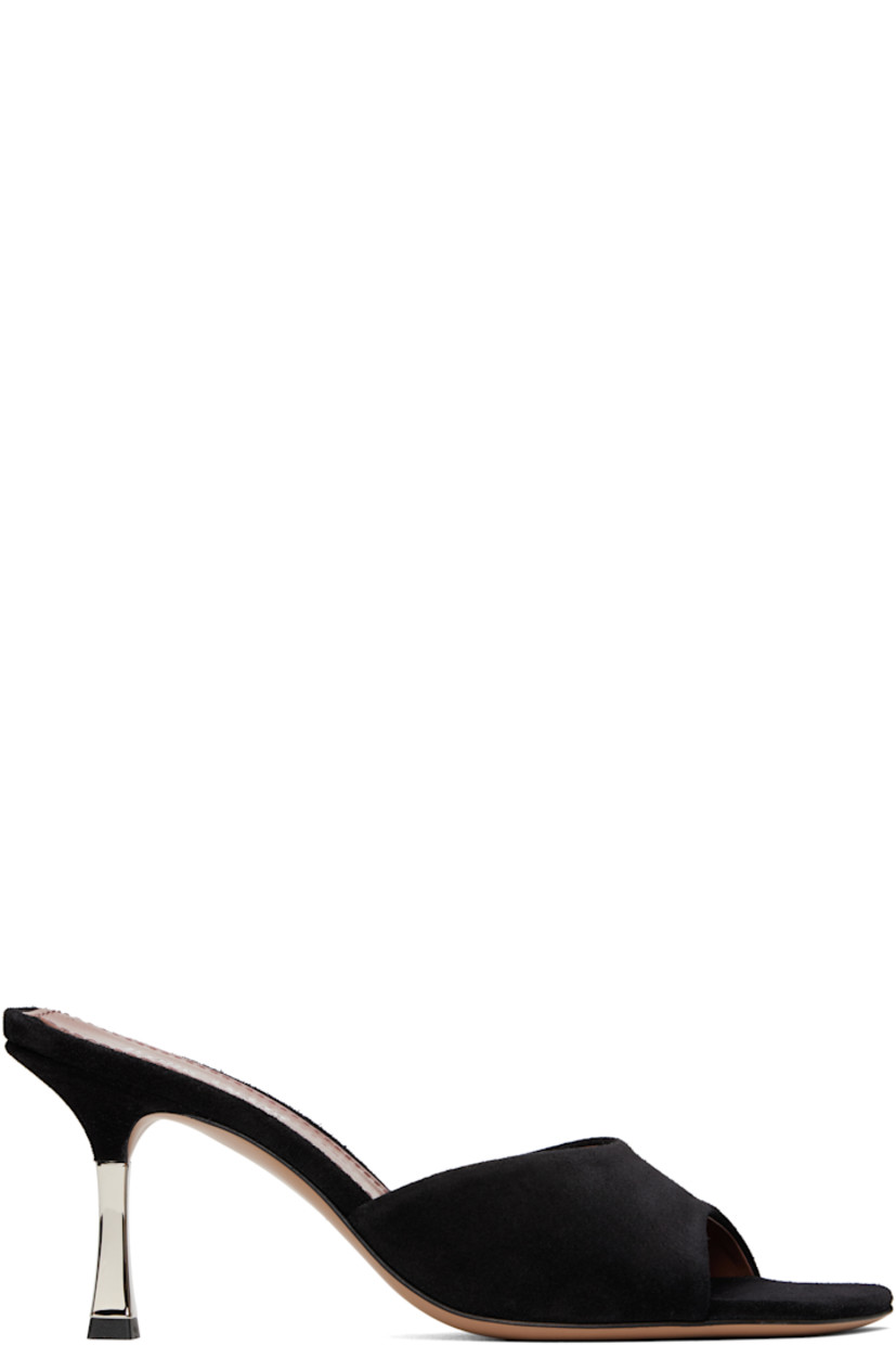 Calfskin suede mules in black. 

· Open square toe
· Logo stamp at padded leather footbed
· Galvanized stiletto heel with rubber injection
· Leather sole
· H2.75"

Supplier color: Black
