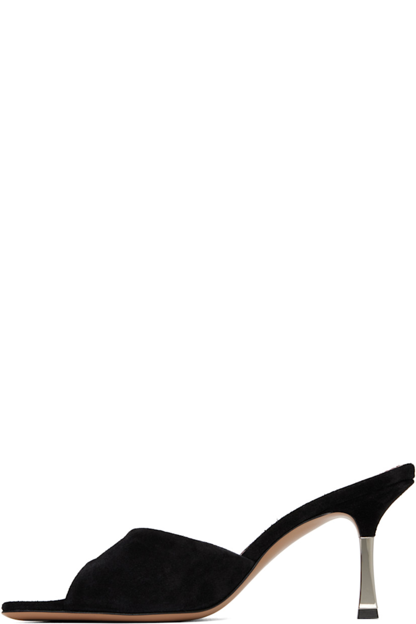 Calfskin suede mules in black. 

· Open square toe
· Logo stamp at padded leather footbed
· Galvanized stiletto heel with rubber injection
· Leather sole
· H2.75"

Supplier color: Black