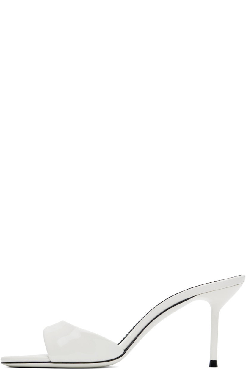 Patent leather mules in white.

· Open toe
· Strap at vamp
· Logo stamp at padded leather footbed
· Metal stiletto heel with rubber injection
· Patent leather sole
· Heel: H3"

Supplier color: White