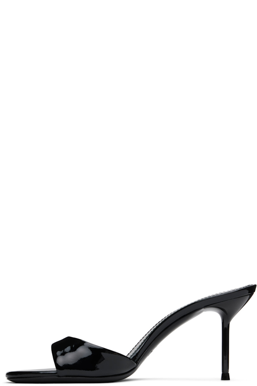 Patent leather mules in black.

· Open toe
· Logo stamp at padded footbed
· Lacquered stiletto heel with rubber injection
· Leather sole
· Heel: H3"

Supplier color: Black