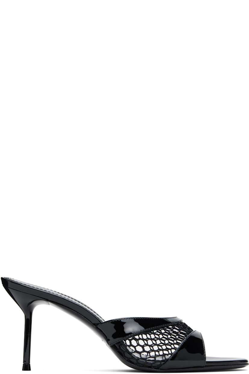 Patent leather and mesh mules in black.

· Open toe
· Strap at vamp
· Logo printed at footbed
· Stiletto heel with rubber injection
· Polished leather sole
· Heel: H3"

Supplier color: Black/Black