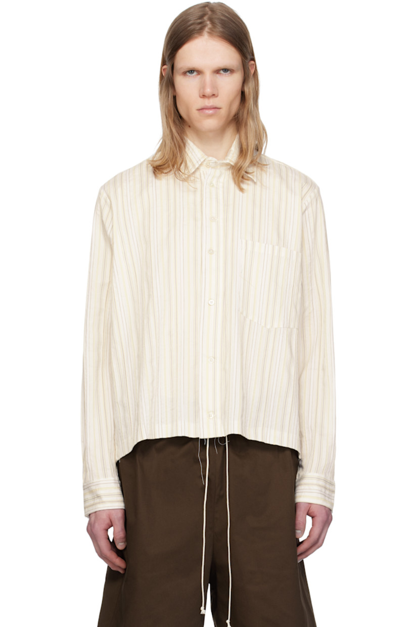 Textured plain-woven cotton- and silk-blend shirt. Stripes and loose threads throughout. 

· Spread collar 
· Button closure 
· Patch pocket 
· Single-button barrel cuffs 
· Central box pleat at back yoke 

Supplier color: Off white stripe