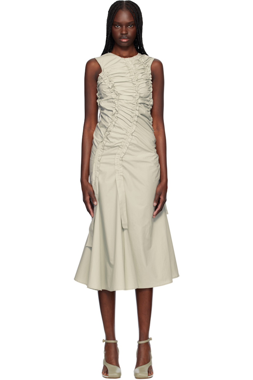 Cotton poplin midi dress. Ruching with scalloped edges throughout.

�· Asymmetrical construction
· V-neck
· Concealed zip closure at back

Supplier color: Grey