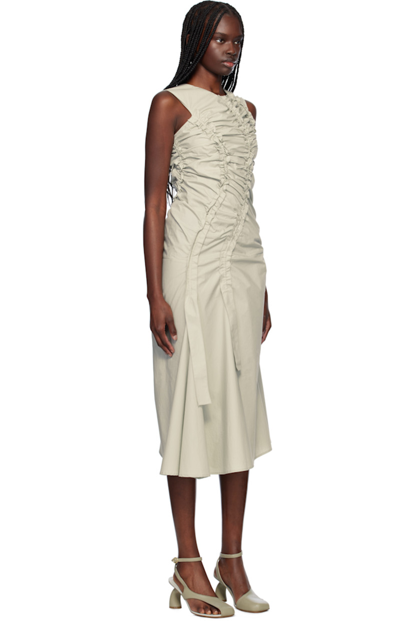 Cotton poplin midi dress. Ruching with scalloped edges throughout.

· Asymmetrical construction
· V-neck
· Concealed zip closure at back

Supplier color: Grey
