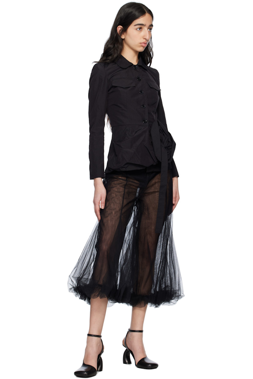 Sheer nylon tulle trousers. 

· Paneled construction
· Gathering at flared cuffs
· Concealed zip closure at side seam

Supplier color: Black