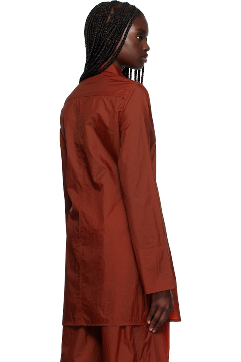 Nylon taffeta shirt. 

· Spread collar
· Button closure
· Slit at side seams 

Supplier color: Red