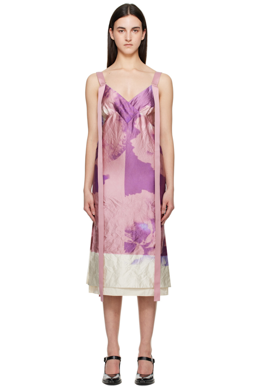 Crinkled polyester-blend twill midi dress. Floral pattern printed throughout.

· V-neck
· Tiered hem
· Zip closure at side seam
· Vented side seams
· Extended trim at adjustable shoulder straps
· Full silk crêpe lining

Supplier color: Carnation cyanotype