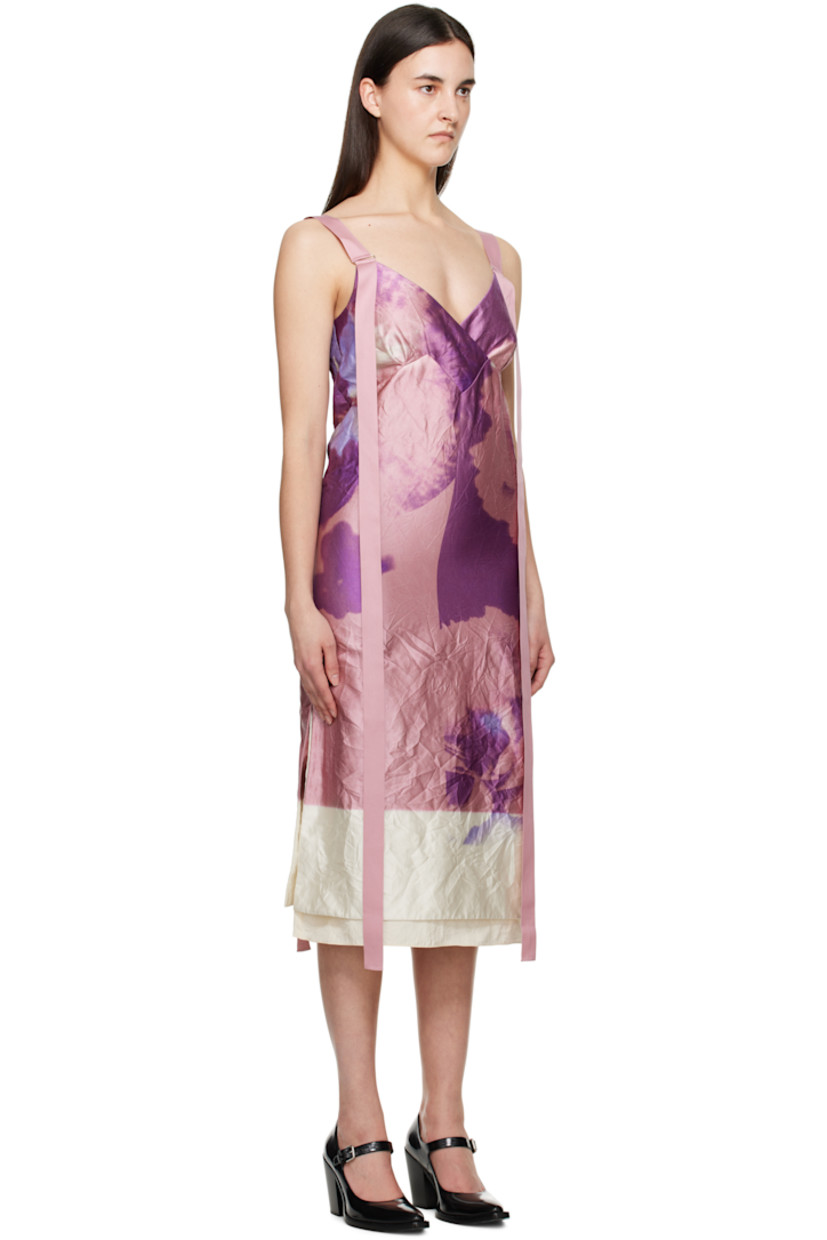 Crinkled polyester-blend twill midi dress. Floral pattern printed throughout.

· V-neck
· Tiered hem
· Zip closure at side seam
· Vented side seams
· Extended trim at adjustable shoulder straps
· Full silk crêpe lining

Supplier color: Carnation cyanotype