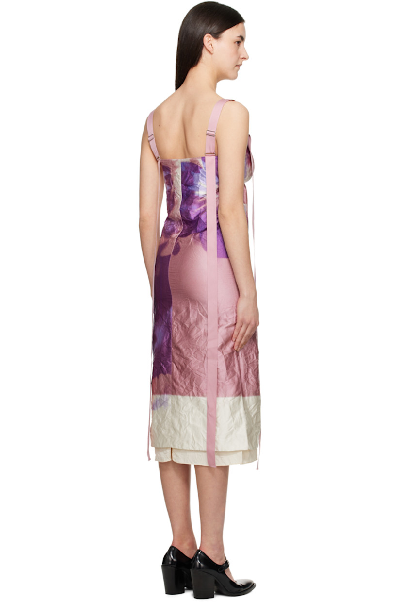 Crinkled polyester-blend twill midi dress. Floral pattern printed throughout.

· V-neck
· Tiered hem
· Zip closure at side seam
· Vented side seams
· Extended trim at adjustable shoulder straps
· Full silk crêpe lining

Supplier color: Carnation cyanotype