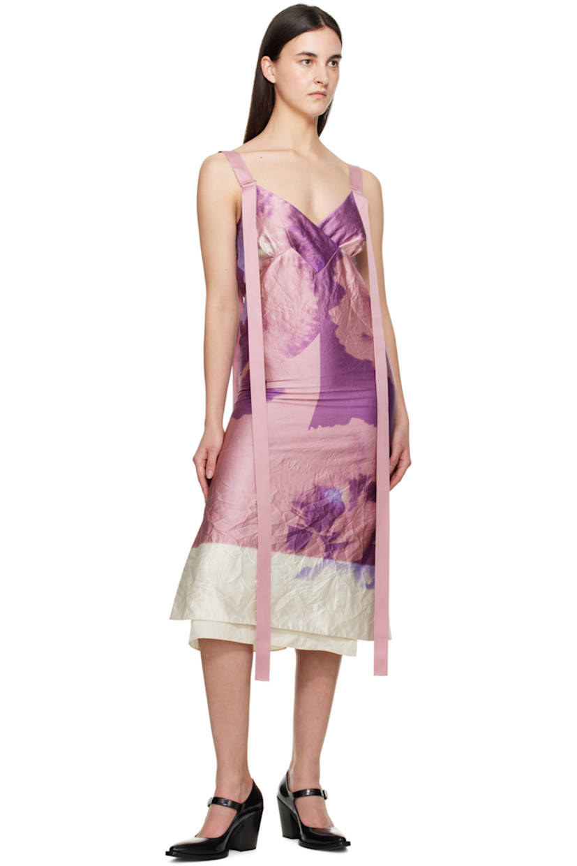 Crinkled polyester-blend twill midi dress. Floral pattern printed throughout.

· V-neck
· Tiered hem
· Zip closure at side seam
· Vented side seams
· Extended trim at adjustable shoulder straps
· Full silk crêpe lining

Supplier color: Carnation cyanotype