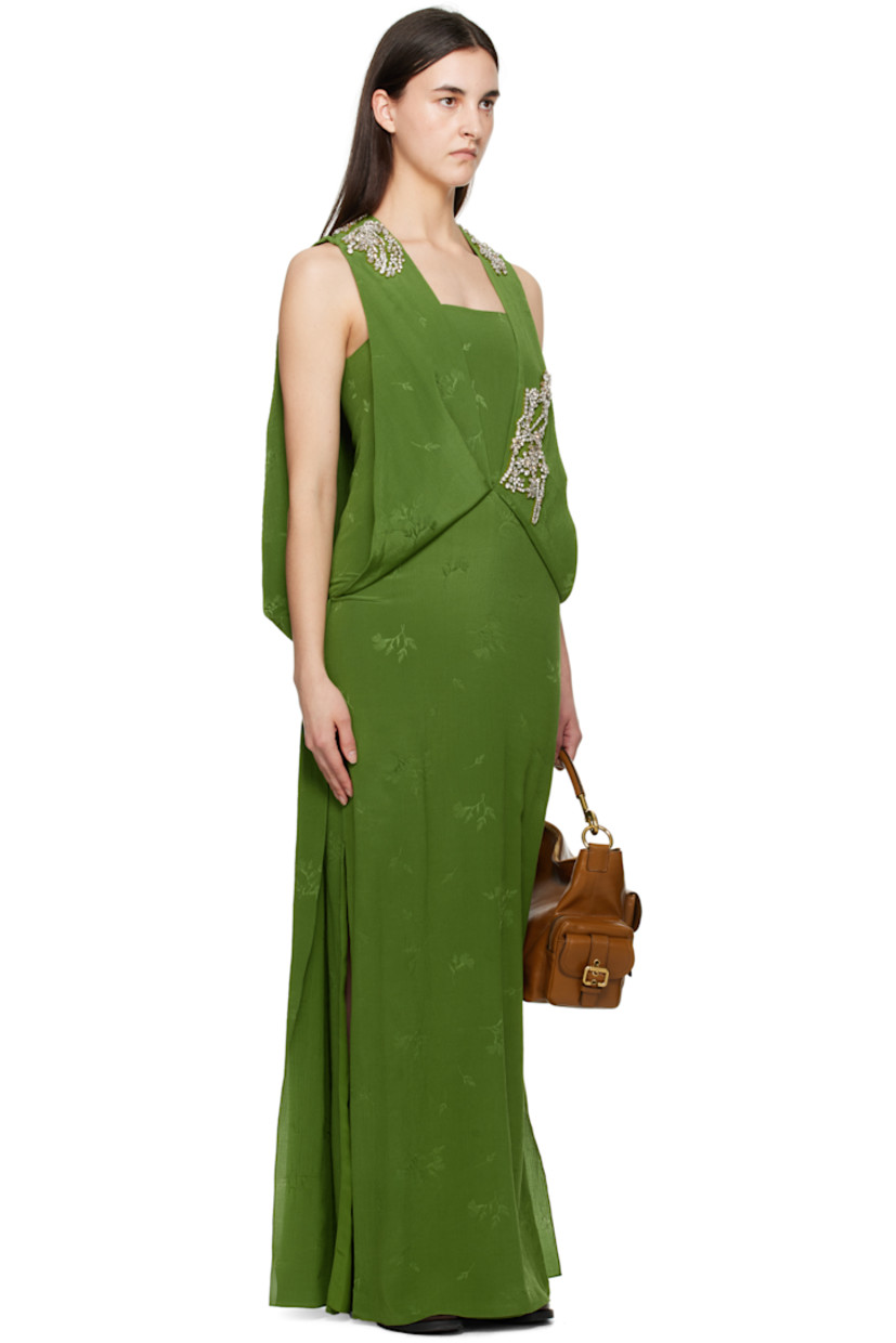 Silk- and cotton-blend crépon midi dress.

· Layered and draped construction
· Square neck
· Crystal-cut accents at front and shoulder straps
· Vented side seams
· Cutout and zip closure at back
· Gathering at back waist
· Full silk crêpe lining

Supplier color: Leaf green