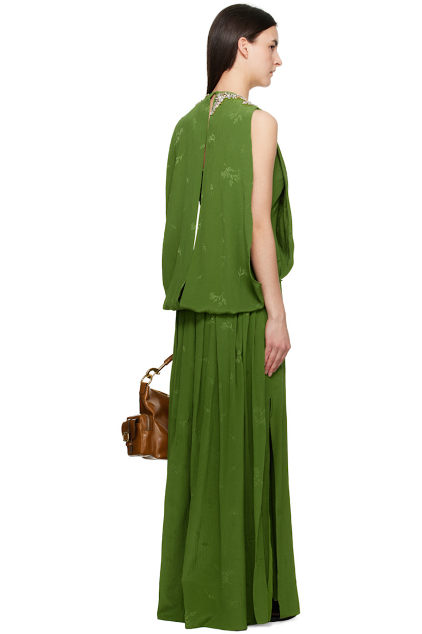 Silk- and cotton-blend crépon midi dress.

· Layered and draped construction
· Square neck
· Crystal-cut accents at front and shoulder straps
· Vented side seams
· Cutout and zip closure at back
· Gathering at back waist
· Full silk crêpe lining

Supplier color: Leaf green