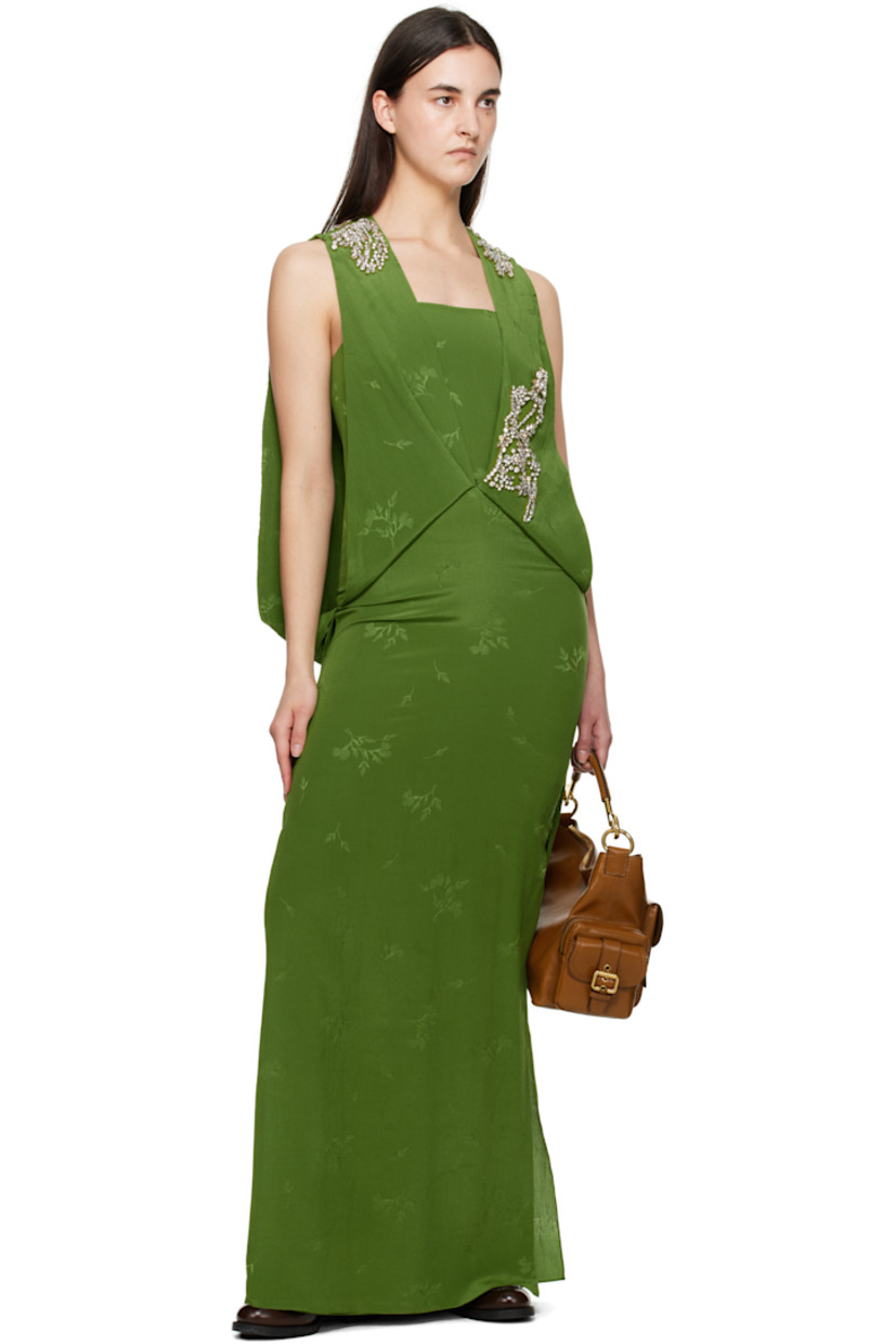 Silk- and cotton-blend crépon midi dress.

· Layered and draped construction
· Square neck
· Crystal-cut accents at front and shoulder straps
· Vented side seams
· Cutout and zip closure at back
· Gathering at back waist
· Full silk crêpe lining

Supplier color: Leaf green