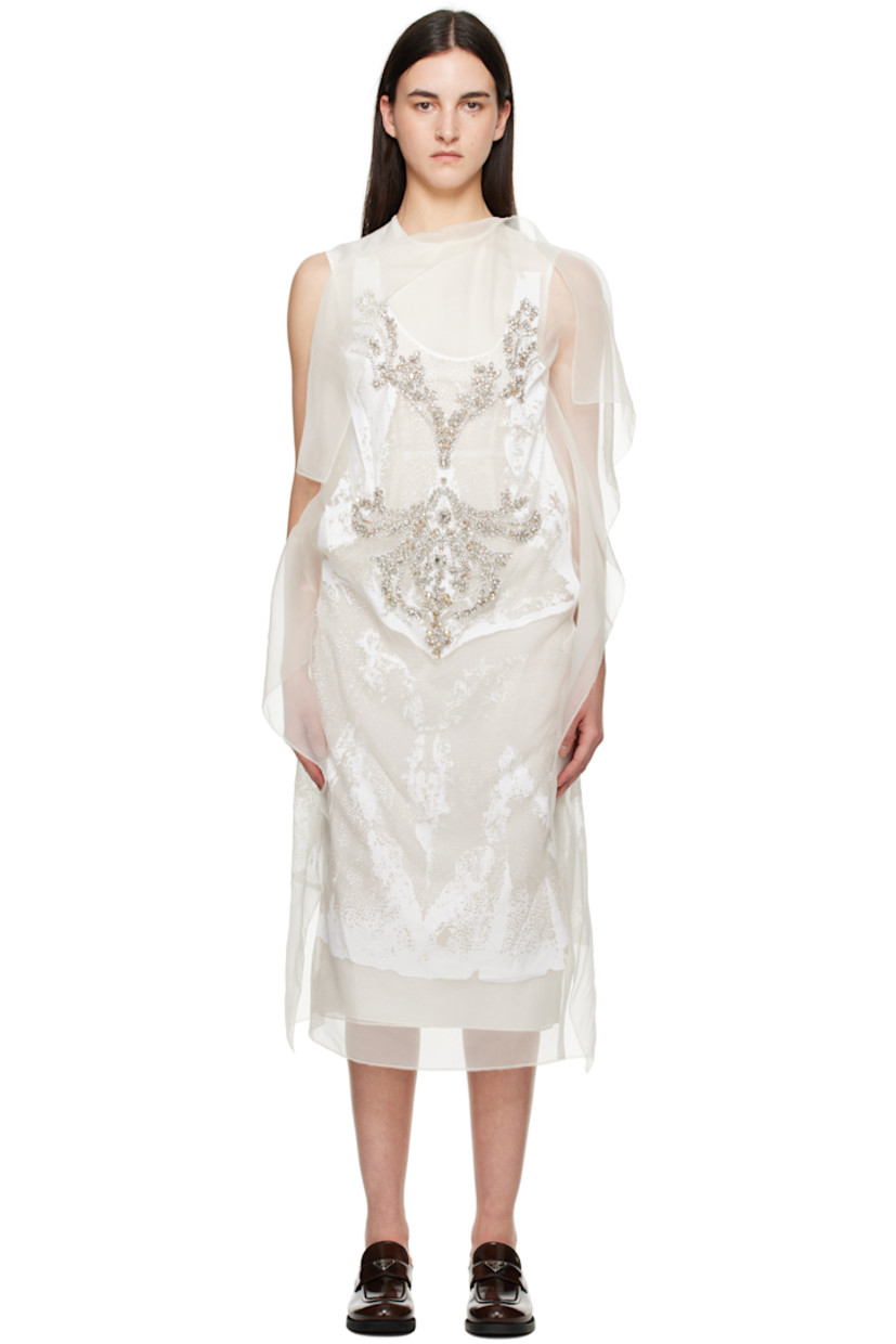 Silk organza midi dress.

· Layered and asymmetrical construction
· Round neck
· Printed pattern and crystal-cut accents at front
· Vented side seams
· Zip closure at back
· Fully lined

Supplier color: Elena imprint white