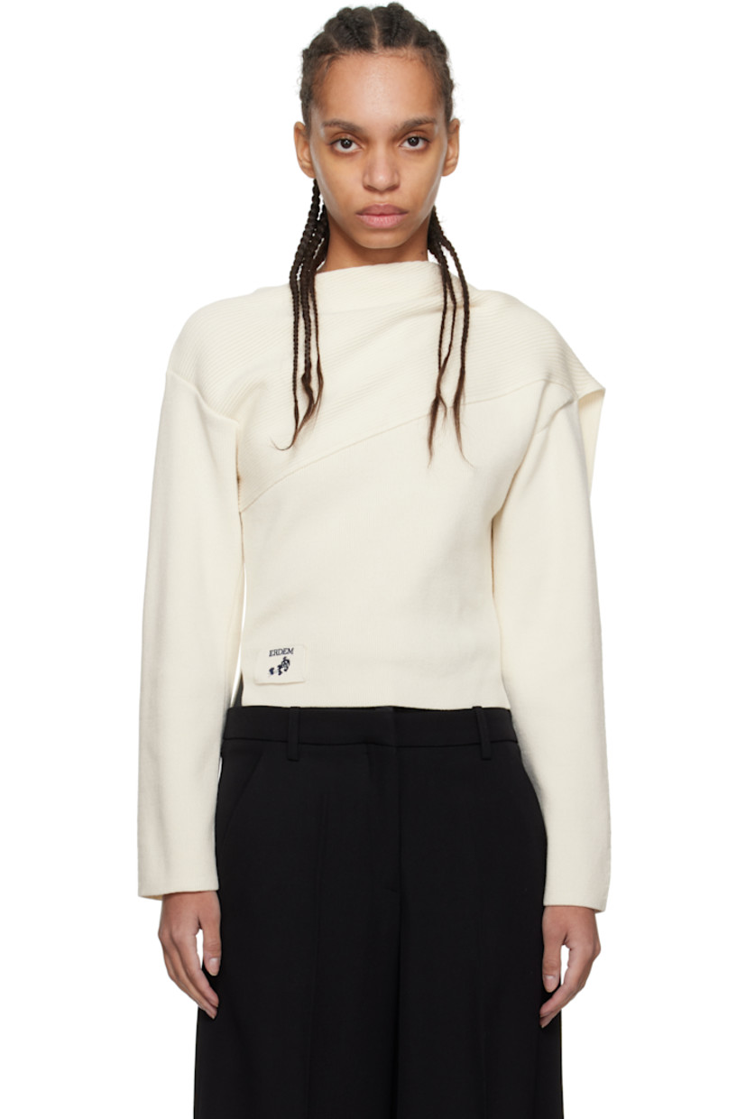 Rib-knit organic cotton- and recycled merino wool-blend sweater. 

· Asymmetric boat neck
· Logo patch at front 
· Cropped hem 
· Vented side seams 
· Button fastening and extended panel at shoulder

Supplier color: Ecru