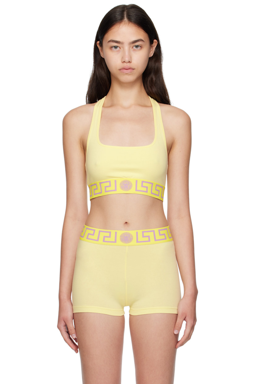 Stretch cotton jersey bra. 

· Scoop neck
· Jacquard logo at elasticized hem 
· Fixed shoulder straps
· Racer back

Supplier color: Pale yellow