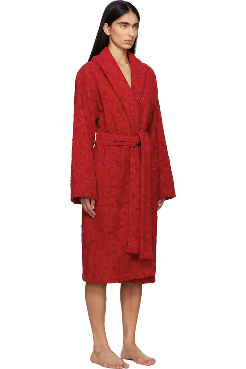 Cotton-blend terrycloth bathrobe. Jacquard Barocco pattern and metallic thread detailing throughout. 

· Shawl collar
· Open front
· Belt loops and detachable self-tie belt
· Patch pockets

Supplier color: Lipstick red