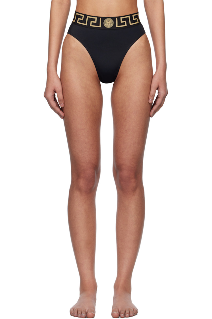 Stretch nylon jersey bikini bottom.

· High-rise
· Jacquard Greek key pattern at elasticized waistband
· Fully lined

Supplier color: Black