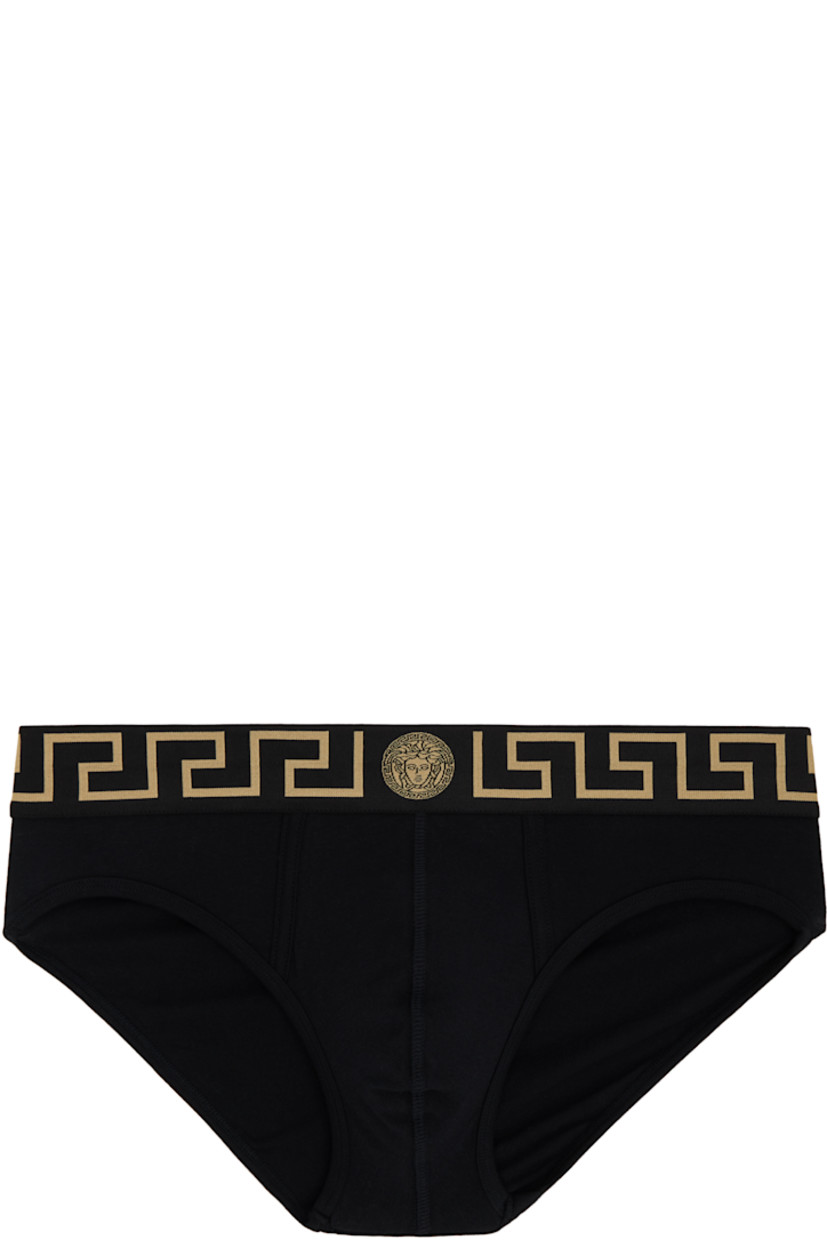Pack of two stretch cotton jersey briefs. Woven logo graphic pattern at elasticized waistband.

Supplier color: Black/White