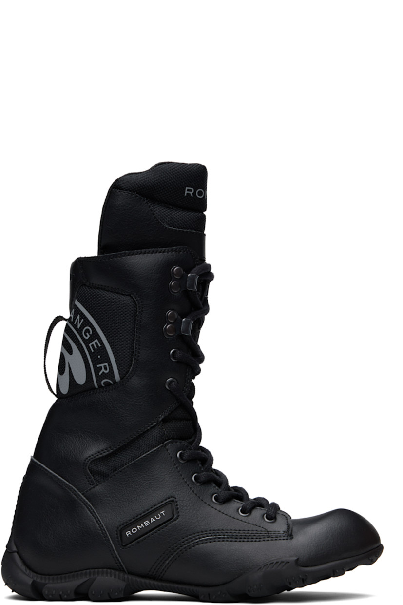 Calf-high grained faux-leather and canvas boots in black.

· Leap® Beyond Leather
· Lace-up closure
· Logo-printed extended padded tongue
· Padded collar
· Rubber logo patch at outer side
· Logo embossed at heel tab
· Pull-loop at graphic-printed heel counter
· Logo-embossed heel midsole
· Treaded rubber sole

Supplier color: Black