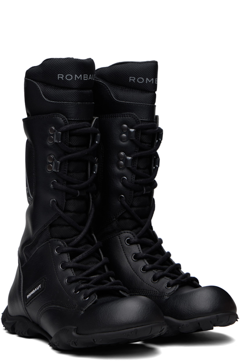 Calf-high grained faux-leather and canvas boots in black.

· Leap® Beyond Leather
· Lace-up closure
· Logo-printed extended padded tongue
· Padded collar
· Rubber logo patch at outer side
· Logo embossed at heel tab
· Pull-loop at graphic-printed heel counter
· Logo-embossed heel midsole
· Treaded rubber sole

Supplier color: Black